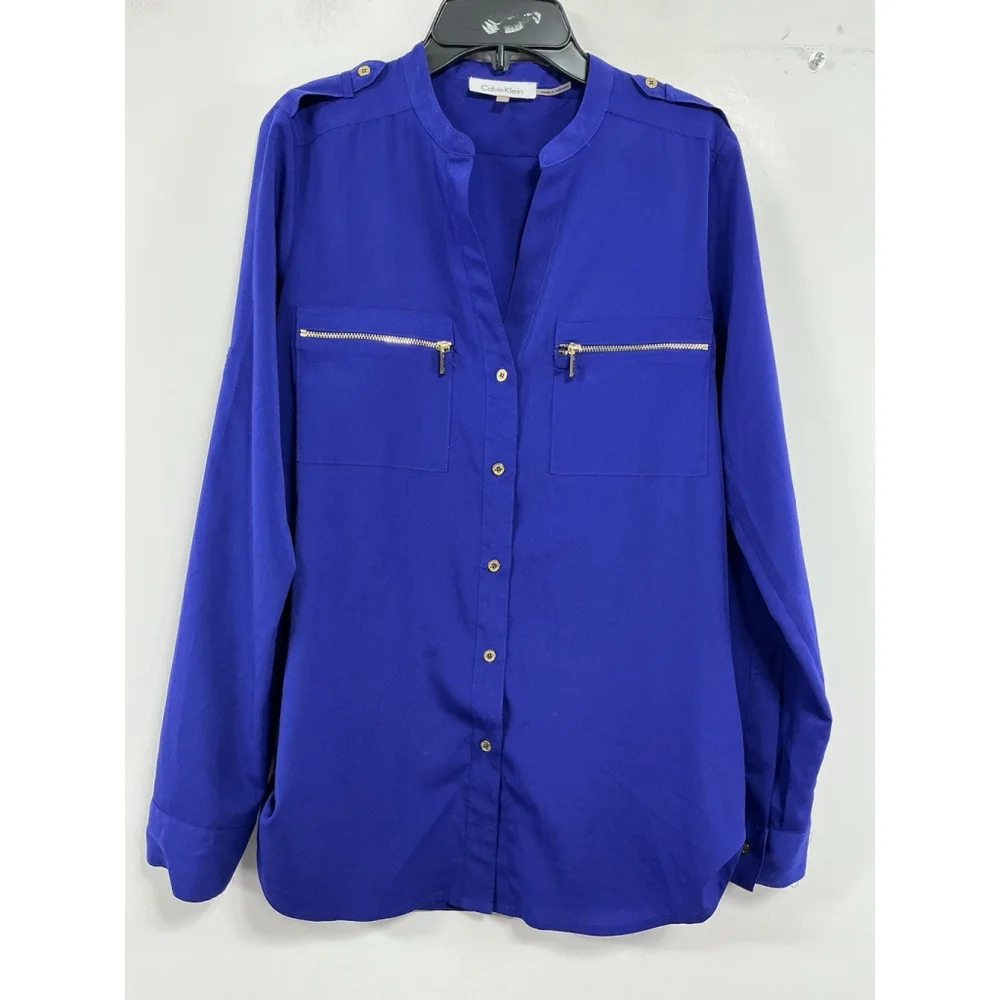 Womans Calvin Klein Button Down Blouse XS Blue Adjustable Sleeves Zip Accent - Picture 1 of 8